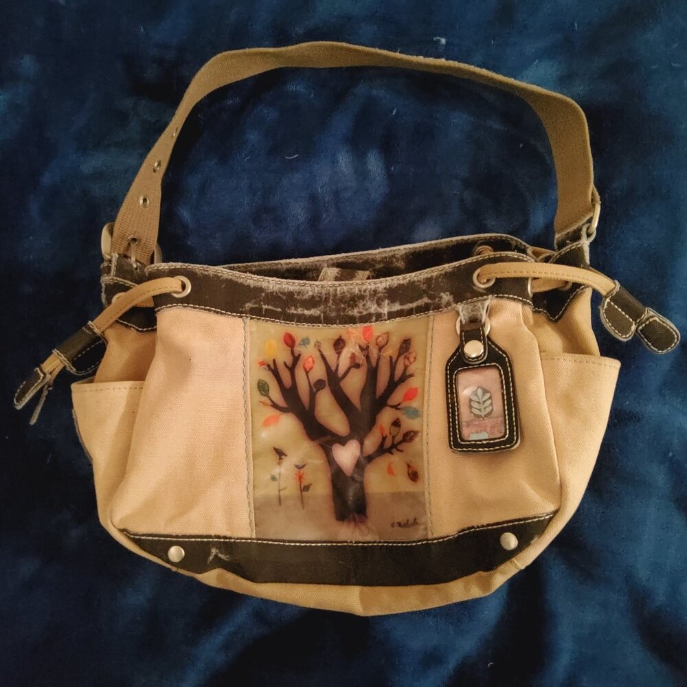 Sherpani Willow Falling Tree Canvas Shoulder Bag | Boho Artsy Tote | Tan & Brown